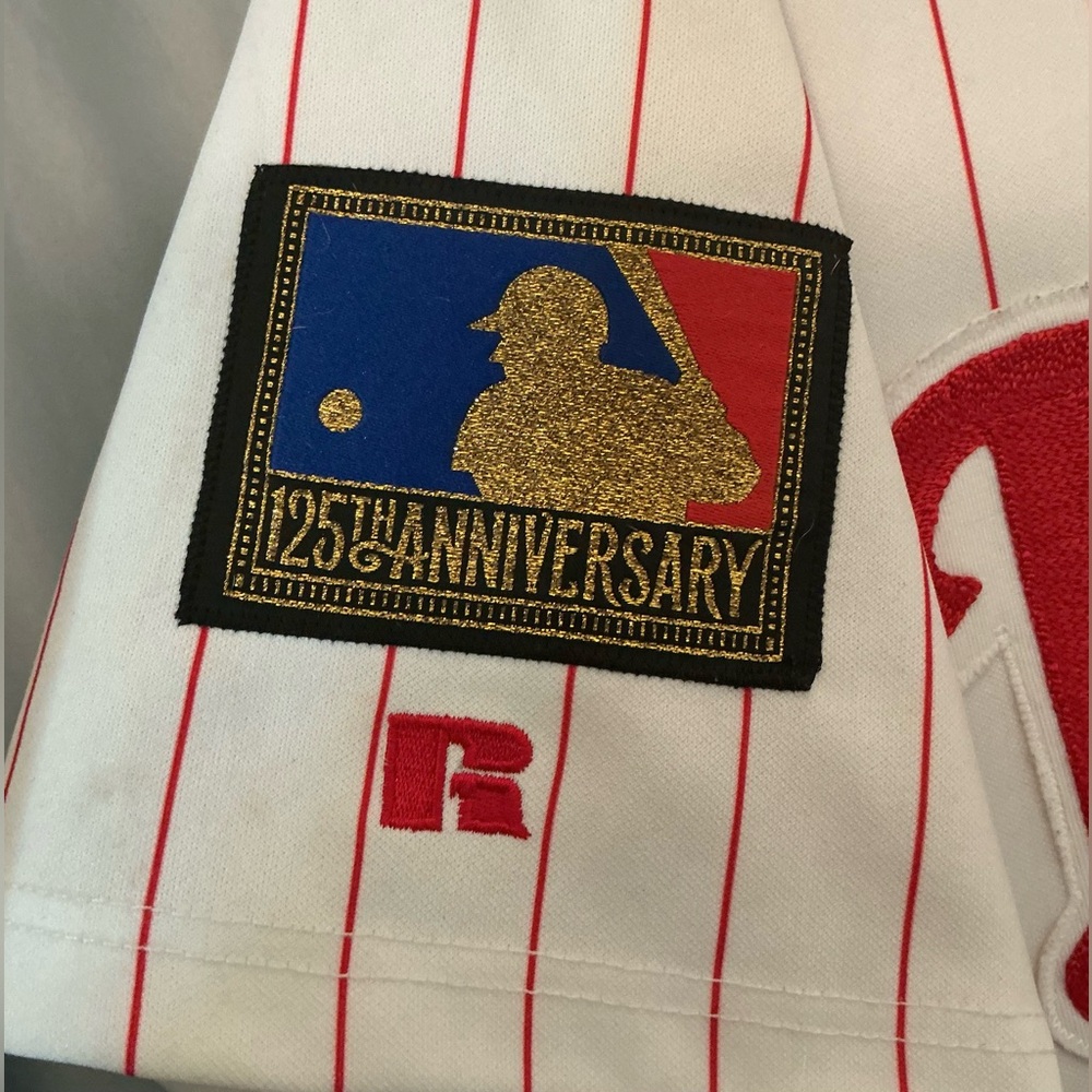 Vintage Phillies White Pinstripe Baseball Jersey with Red Script Boskie 45 - Picture 3 of 8